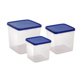 3PC Store Smart Container set, (1200+1900+2900Ml) ,Bottom- Clear, Lid-Opaque In Ruby Red, M. Blue, M, Brown