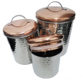 3PC S/S HAMMERED CANISTER SET W/COPPER LID